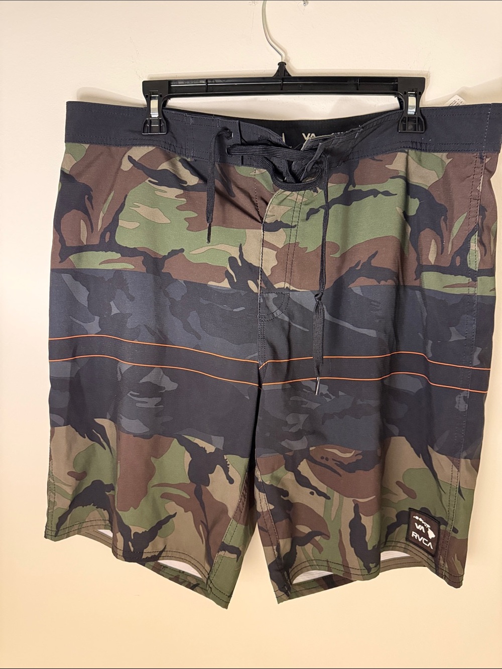 RVCA Men's Camo Swim Board Shorts in Green, Brown, Navy with Orange Stripe